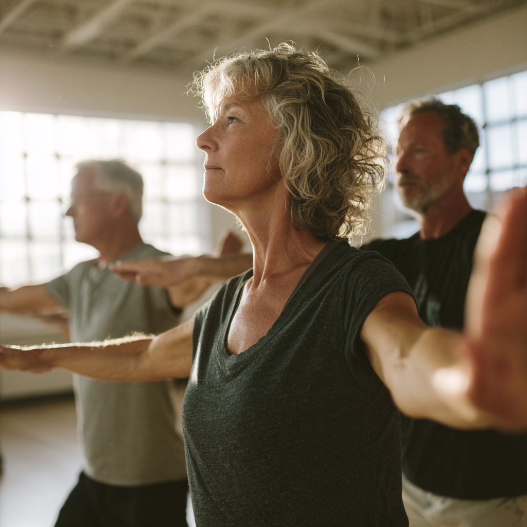 Middle-aged adults practicing gentle movement exercises in natural lighting